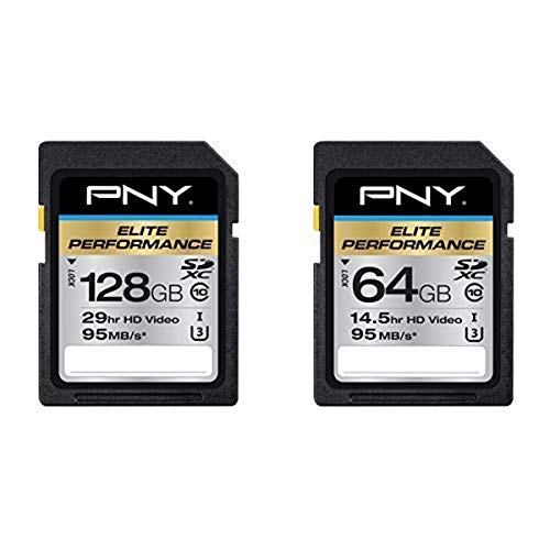 PNY P-SDX128U395-GE Elite Performance 128 GB High Speed SDXC Class 10 UHS-I, U3 Up to 95 MB/Sec Flash Card and PNY Elite Performance 64GB Flash Memory High Speed SDXC Class 10 UHS-I (P-SDX64U395-GE)