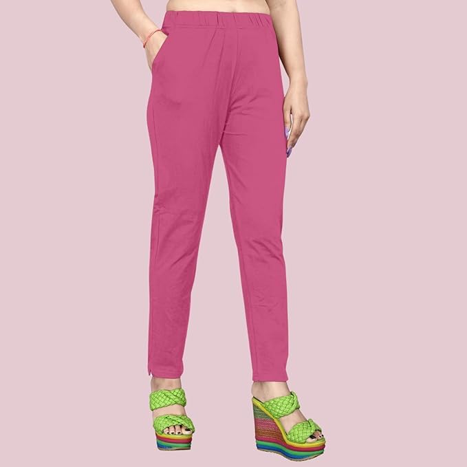 Image of Women's Solid Cotton Lycra Pants-High Waist Slim Fit Stretchable Leggings - Comfortable Long Trousers for Casual, Office & Everyday Wear