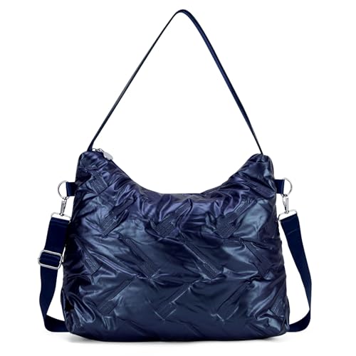 Quilted Tote Bag for Women Hobo Bags Crossbody Zipper Handbags Puffer Tote Bags Large Nylon Shoulder Bag for Daily Leisure(Blue)