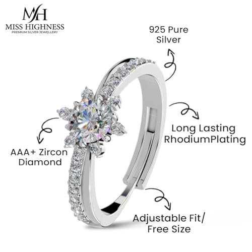 Image of Miss Highness 925 Sterling Pure Silver Ring for Women, Solitaire Rings, Adjustable Size, Daily Wear Silver Jewellery with Certificate of Authenticity, Birthday, Anniversary, Gift for Wife & Girlfriend
