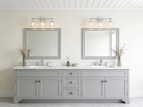Image of Phansthy 3-Light Wall Sconces Antique Brass Vanity Light, Industrial Wall Lamps with On Off Switch and Clear Glass Lampshade, Vintage Wall Lighting for Bathroom Living Room (Chrome, Globe Shade)