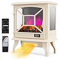 ROVSUN 1400W Electric Fireplace Stove Space Heater, 23''H Portable Freestanding with 68°F-95°F Temp Control, 3D Realistic Flame Effect, Overheat & Tip-Over Protections for Bedroom, Ivory, CSA Listed