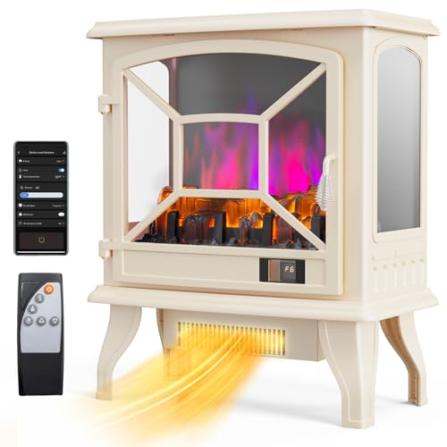 ROVSUN 1400W Electric Fireplace Stove Space Heater, 23''H Portable Freestanding with 68°F-95°F Temp Control, 3D Realistic Flame Effect, Overheat & Tip-Over Protections for Bedroom, Ivory, CSA Listed