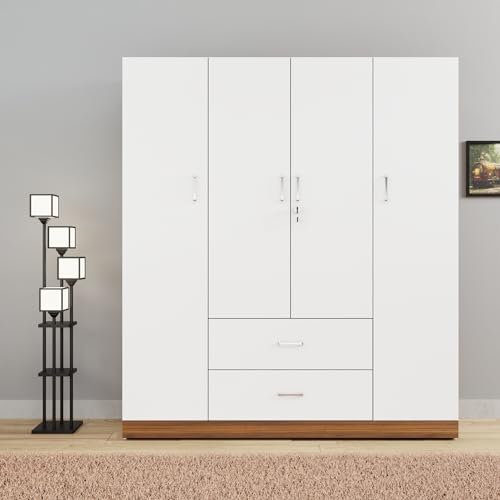 Image of VIKI Wardrobe | Wooden Almirah for Clothes,Door for Bedroom, 4 Door Wardrobe with Drawer & Hanging Space (Brussel Walnut, Frosty White - 40D x 160W x 180H) | 1 Year Warranty | Free Assembly