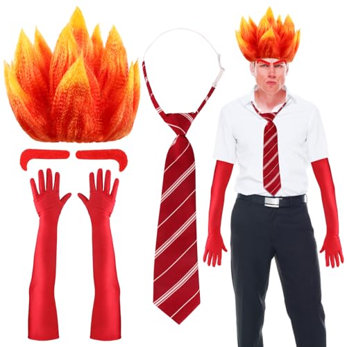 Kyson 4 Pcs Halloween Angry Costume Accessories Set Included Flame Shape Wig Tie Long Elbow Gloves For Men Women Dress UP (Set A)