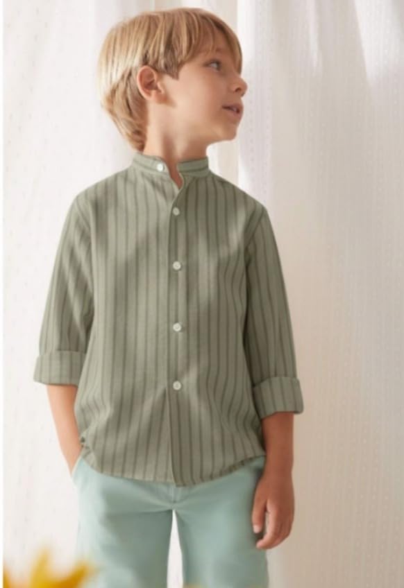Image of A.T.U.N. (ALL THINGS UBER NICE) Boys 100% Cotton Band Collar Shirt | Soft Fabric with Button Front Style & Roll-Up Sleeves | Comfortable Casual Kids Shirt