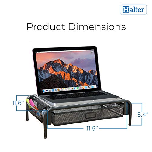 Halter Mesh Monitor Stand, Computer Desk Riser Shelf, Pull Out Drawer with Handle, Desk Organizer with Side Compartments, (2 Pack, Black)