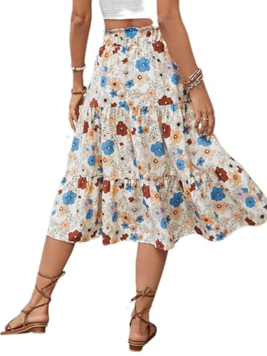 BARASA Summer Women's Midi Skirts Boho High Elastic Waist Fake Drawstring Floral Print A line Casual Cute Skirt D6262