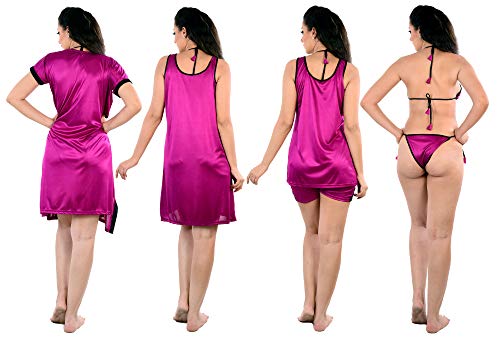 Image of Women's Night Dress and Nighties Satin Nightwear 6pc Robe & Nighty Set (Robe, Nighty,Top,Shorts, Bra & Thong)