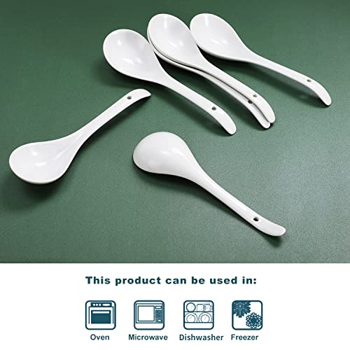 Image of Buyajuju 6-Piece Porcelain Asian Soup Spoons, 9 Inch, White, Japanese Style, Dishwasher Safe