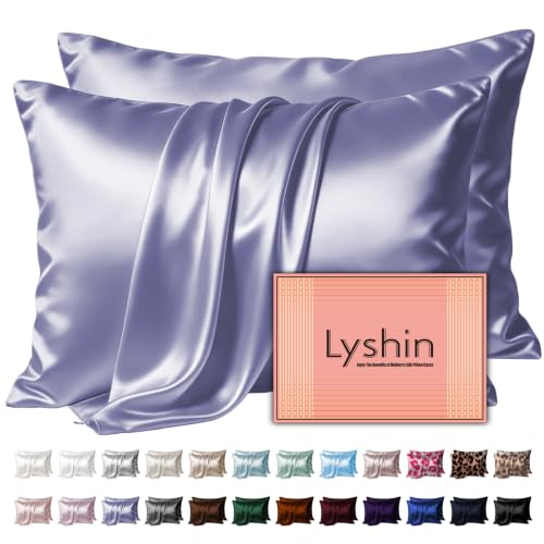 Image of LYSHIN Silk Pillow Cases 2 Pack King Size with Zipper, Grayish Blue