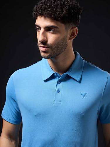 Image of TECHNOSPORT Men's Solid Slim Fit Polo Collar T-Shirt COTFLEX Half Sleeve Button Polyester for Gym Running Workout UPF50+ Anti Odour
