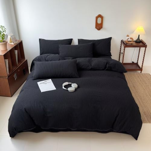 Image of PinkMemory Black Striped Duvet Cover Queen White Pinstripe Duvet Cover Bedding Set 100% Washed Cotton Stripes Patterned 3pcs Retro Striped Bedding with Zipper Closure Corner Ties,Soft Breathable