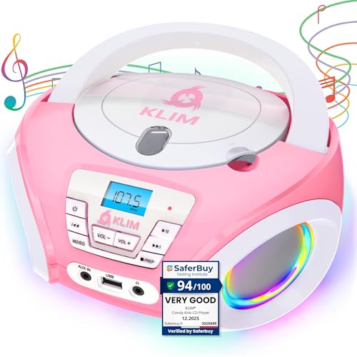 KLIM Candy Kids Portable CD Player – New Version Boombox with FM Radio & Speakers – Includes Batteries – Cute Pink Design for Kids & Toddlers - Rose