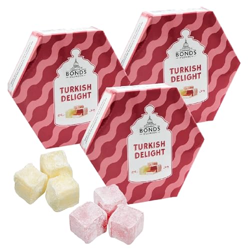 Turkish Delight Sweet Hamper Bulk Buy - Pack of 3 x 215g Delicious Rose & Lemon Jelly Fruits Sweets Gift box with Topline Gift Card. Retro Sweets for Secret Santa Gifts or Stocking Fillers.