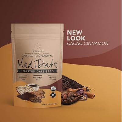 MEDIDATE Coffee Alternative - Roasted Date Seeds + Cacao + Cinnamon - Naturally Occurring Prebiotics | Polyphenols | Caffeine & Acid Free (12 oz. / 25 Servings)