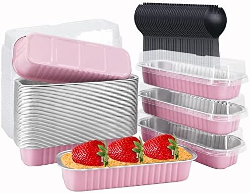 LNYZQUS Mini Loaf Pans With Lids 50 Pack, 6.8oz Rectangle Aluminum Foil Baking Pans Tins Containers,Disposable Ramekins Baking Cups Muffin Tins Cupcake Cups For Mini Brownie Cake Bread Loaf -Pink