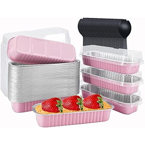 LNYZQUS Mini Loaf Pans With Lids 50 Pack, 6.8oz Rectangle Aluminum Foil Baking Pans Tins Containers,Disposable Ramekins Baking Cups Muffin Tins Cupcake Cups For Mini Cake Bread Loaf -Pink Cover
