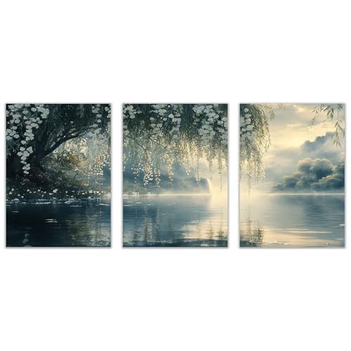 AMXBZC 3 Piezas cuadros bohemios modernos Árbol en flor junto al lago Nórdico Minimalistas Plantas cuadro, Comedor Oficina Pasillo Cocina Y Baño póster（verde-50x70cmx3 Sin marco