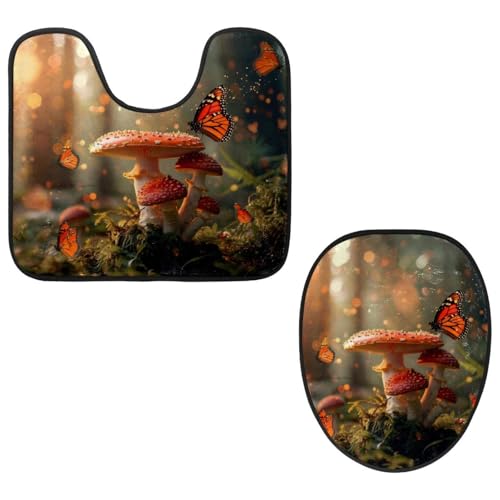 MUOOUM Toilet Lid Cover and U-Shaped Toilet Floor Mat Set of 2 Pieces, Mushrooms and Butterfly Toilet Mat Set, Machine Washable Seat Covers Non-Slip Absorbent Rugs