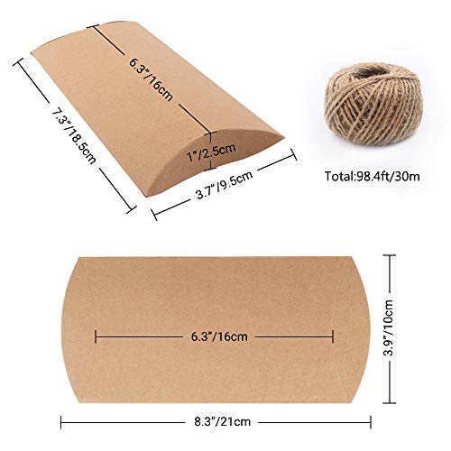Cewor Kraft Pillow Box 50Pcs, 6.3×3.7 Inches Gift Boxes With 100 Feet Jute Twines, Paper Gift Box For Jewelry, Candy Gift Packaging, Wedding Present And Birthday Party Favor #TOP1