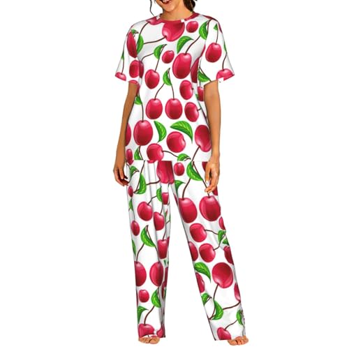 Pyjama léger à manches courtes femme ensemble short vêtement de nuit été imprimé cerises