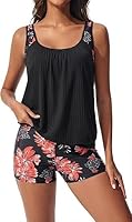 Hanna Nikole Damen Sportlich Tankini Set, Freizeit Zweiteiliger Badeanzug, Sommer Blumenmuster Bademode, Texturen Gepolsterter Oberteil mit Shorts Schwarze und orangefarbene Blüten XL
