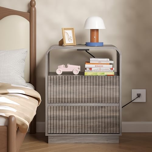 Image of BORNOON Dresser with 2 Drawers and Charging Station, Fluted Bedside Table with Round Curved Corner, Hidden Handles, 2 AC Outlets and 2 USB Ports, Modern Wood End Table with Open Shelf for Bedroom