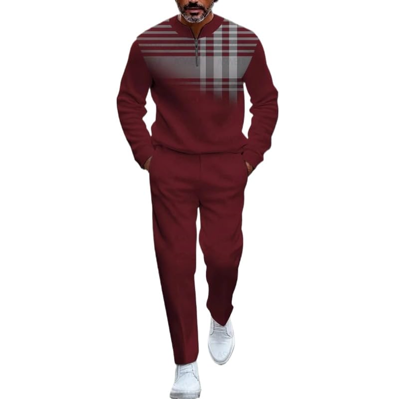 Men's street retro polo shirt jogging pants two-piece set, semi-circular collar zipper printed casual set