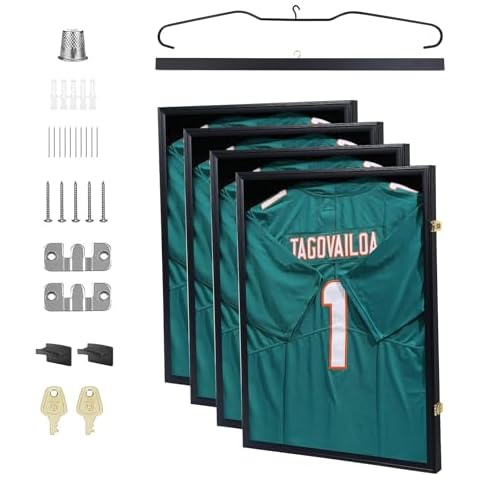 Jersey Frame Display Case Wood Display Case Shadow Box Extra Large Frame 32’’ x 24’’ with Locks, Hangers, Velvet Pinboard, and Wall Mount for Jersey Uniform (Set of 4) Cover