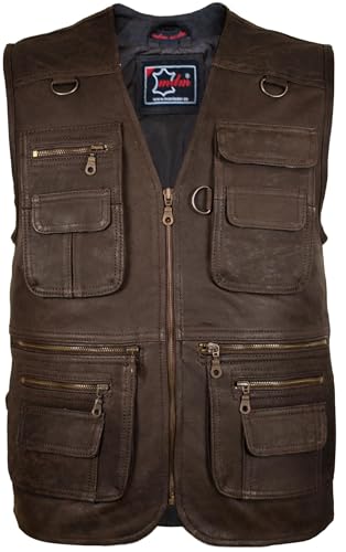 MDM Chaleco de cuero nappa de cordero auténtico para hombre, suave y ligero, con múltiples bolsillos, caza y ocio, Liso/Velourlederoptik (FR/ES, Letras, XL, Regular, Regular, Marrón velours)