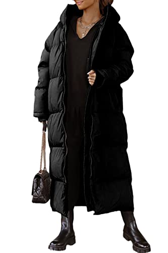 Tankaneo Womens Hooded Long Quilted Coat Maxi Length Long Sleeve Puffer Jacket Warm Padded Coat Thick Winter Outerwear