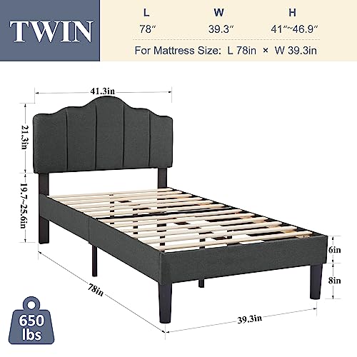 Vecelo Twin Upholstered Platform Bed Frame With Height Adjustable Headboard, Mattress Foundation With Strong Wood Slat Support, No Box Spring Needed, Easy Assembly #TOP1