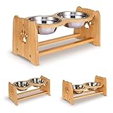 X-ZONE PET Elevated Dog Bowls for Cats and Dogs, Adjustable Bamboo Raised Dog Bowls for Medium Dog, Food and Water Set Stand Feeder with 2 Stainless Steel Bowls and Anti Slip Feet (Height 4.7" to 7")