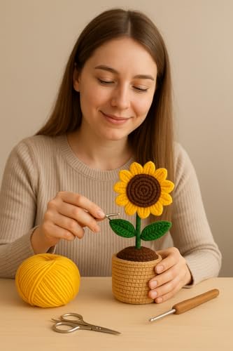 Image of Handmade Crochet Sunflower Pot - Eco-Friendly Knitted Flower Plant for Home Decor, Cute Crochet Flowers for Office Desk, Table Decor & Gift Item (White)