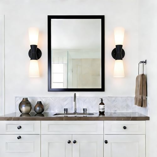 Image of Bathroom Wall Sconce, Modern Indoor Vanity Light Fixtures 17 inch, Up Down Lighting, Wall Mount Lamp for Living Room Bedroom Hallway Stairway Fireplace Mirror E26 Base 1PC White&Black