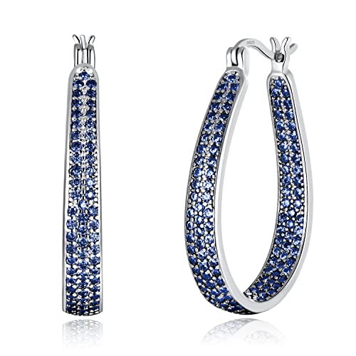Cinily 925 Sterling Silver Post Big Sapphire Blue Cubic Zirconia Hoop Earrings For Women Teen Girls Large Oval Chunky Hoop Earrings 14K White Gold Plated Gemstone Earrings #TOP19