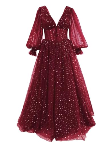 GARDOM Women's Starry Tulle Prom Dress Long A Line Fairy Ball Gowns Glitter V Neck Formal Party Dress with Pockets Wine Red Puffy Sleeve Evening Gown for Women US16