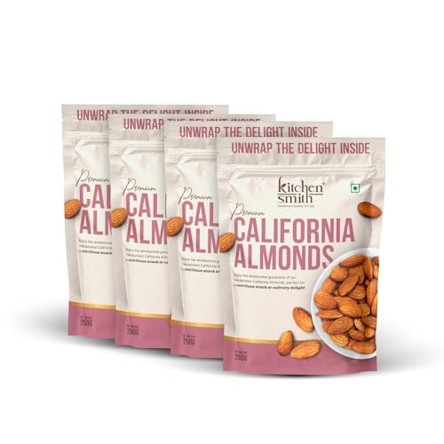 Image of KitchenSmith Jumbo California Almond - Pack of 4 (250gm Each) | Badam Giri, Naturally Sourced Crunchy Badaam & High In Antioxidant | Naturally Sweet & Tasty