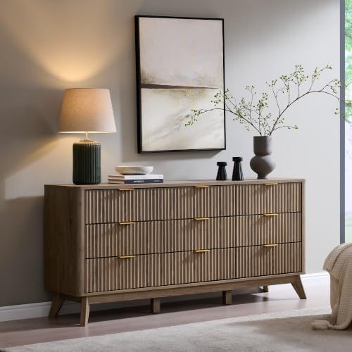 Image of T4TREAM 63 inch Wide Fluted 9 Drawer Dresser for Bedroom, Grey Alder