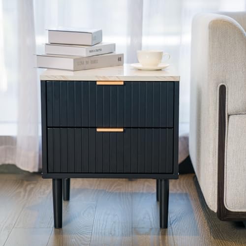 Simfelice 2Drawer Imitation Marble Black Nightstand for Bedroom Minimalist Bedside Faux Marble End Table Night Stand Modern Chest Drawers Dresser Lingerie Chest of Dresser for Bedroom Living Room