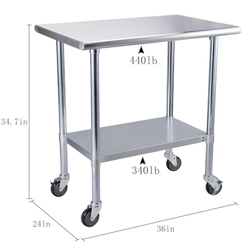 Image of ROCKPOINT Stainless Steel Table for Prep & Work with Caster Wheels 24x36 Inches, NSF Metal Commercial Kitchen Heavy Duty Table with Adjustable Under Shelf and Table Foot for Restaurant, Home and Hotel