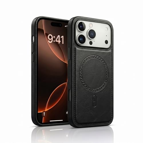 Image of amazon basics Premium PU Leather Case for iPhone 17 Pro Max, MagSafe Compatible Magnetic Ring, Sleek Protective Back Cover - [Black]