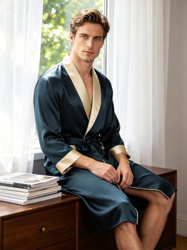 Image of Men's 100% Mulberry Silk Long Robe Kimono Paisley Print Bath Robe, Heavy Silk 19 Momme Dressing Gown
