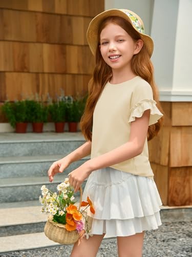 Image of Haloumoning Girls Ruffle Short Sleeve T Shirts Kids Summer Crewneck Tops Cute Tees Blouse 5-14 Years