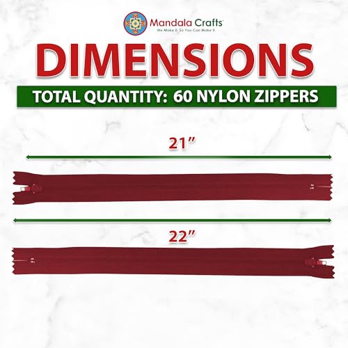 Image of Mandala Crafts 60 PCs Burgundy Closed-End 22 Inches Nylon Zipper for Sewing