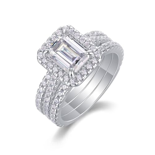Silver Rings for Women Dainty, Wedding Rings for Women 3 Rings Set with 6X8mm Rectangle Moissanite 1.5ct 9K White Gold Size U 1/2