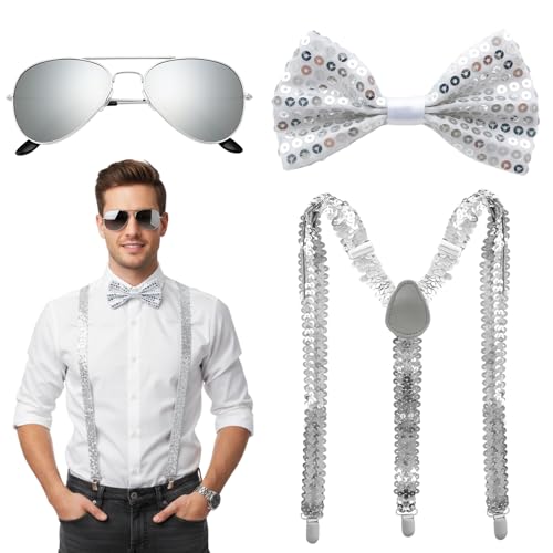 JqruiTbeis Glitzer Anzug Herren, 3-teiliges Set mit Krawatte, Hosenträgern und Sonnenbrille, stilvolle Accessoires für festliche Anlässe