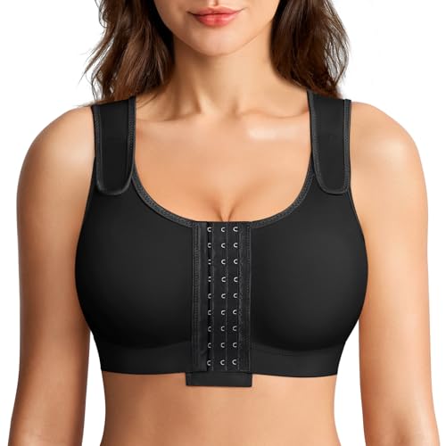 BRABIC Post Surgery Compression Bras for Women Front Closure Mastectomy Bra with Wide Adjustable Straps Wirefree, Black, S