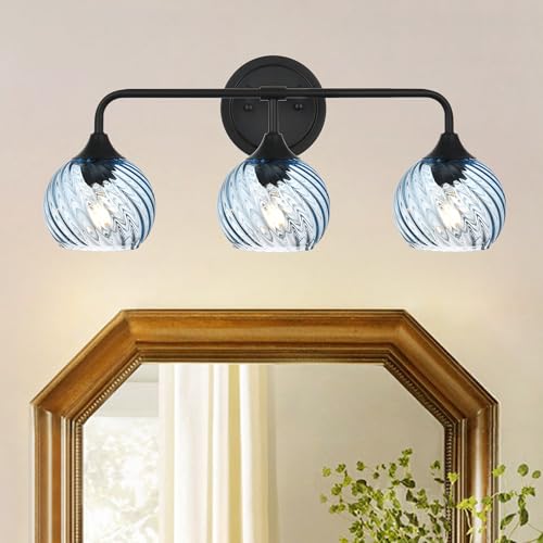 Image of MELUCEE 25 Inch Bathroom Light Fixtures Black, 3-Light Vanity Lights with Blue Striped Swirl Glass Shade, Mid-Century Modern Bathroom Vanity Light Over Mirror